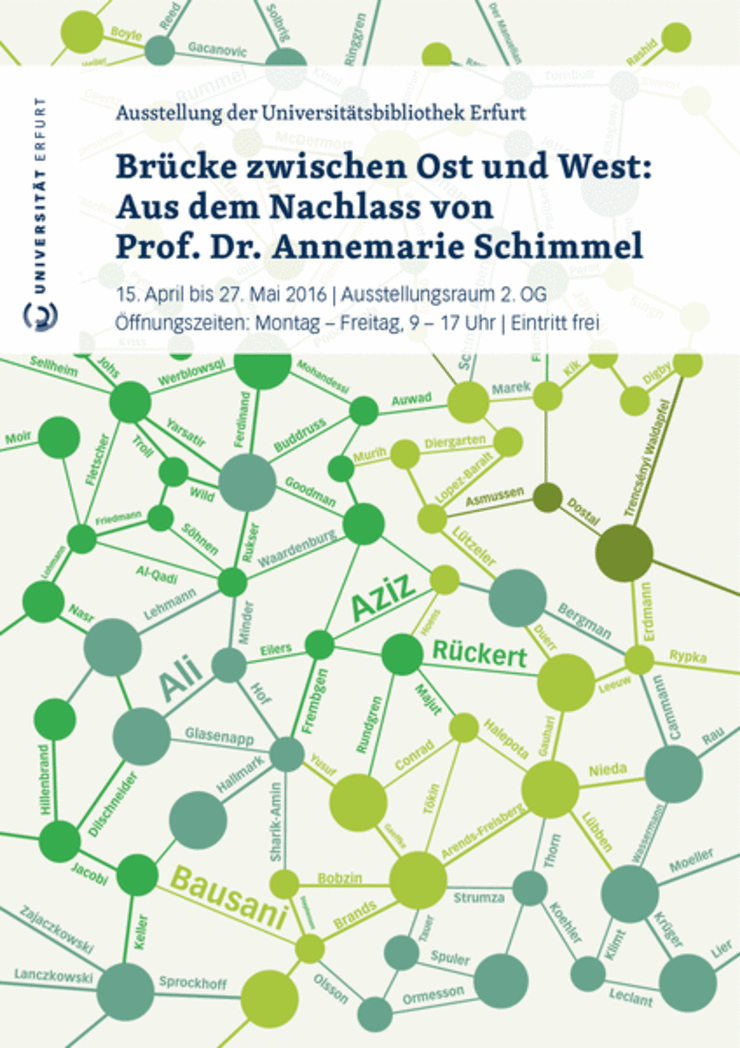 Plakat zur Ausstellung "Brücke zwischen Ost und West: aus dem Nachlass von Prof. Dr. Annemarie Schimmel"