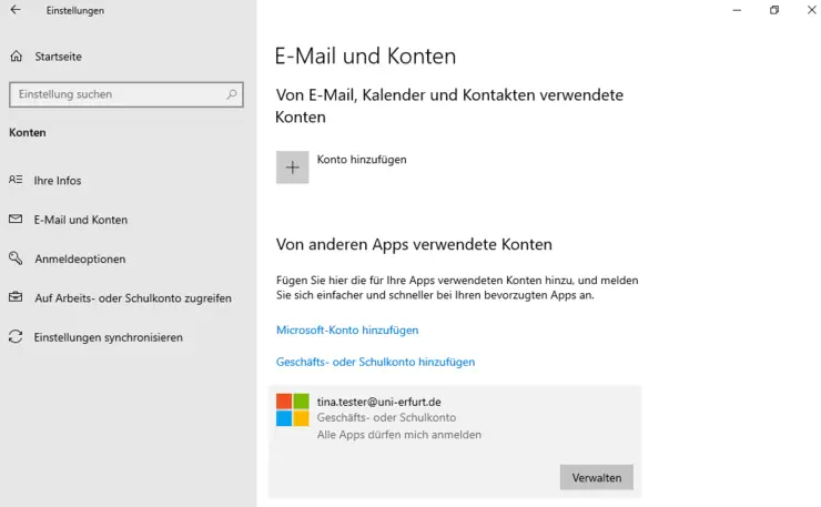 Microsoft Geschäftskonto in den Windows-Einstellungen