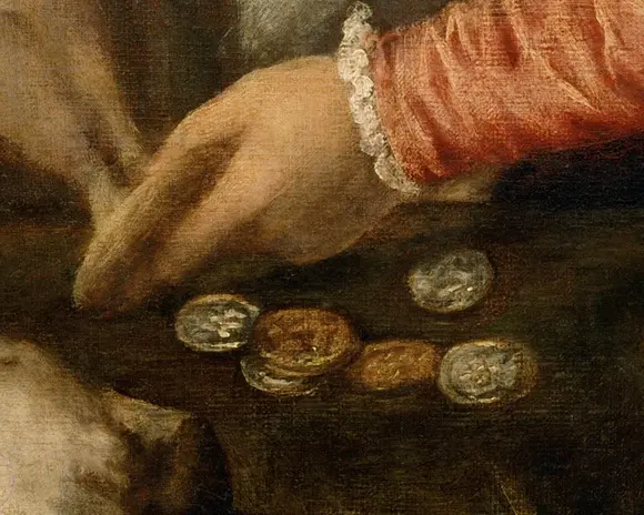 Detail of Titian's Strada portrait with coins on a table