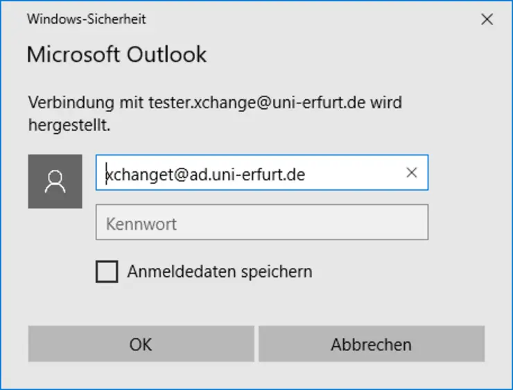 Anmeldefenster Outlook