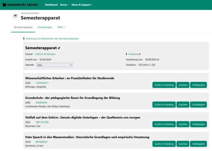 Screenshot elektronischer Semesterapparat in Moodle