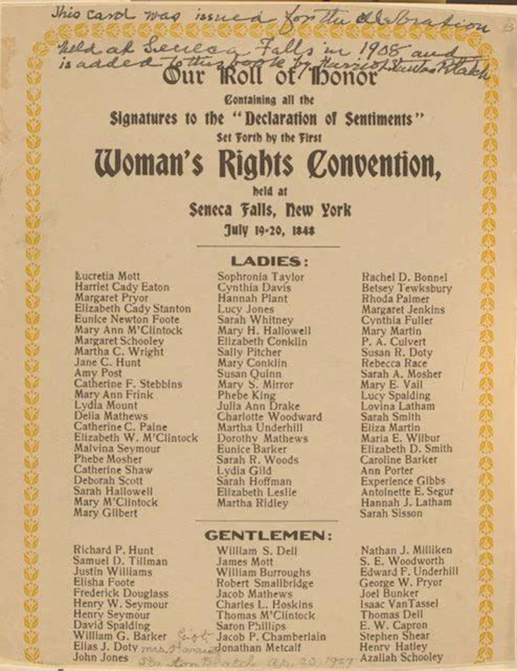 A historical document, showing the list of signatures of the "Declaration of Sentiments" of the Women's Rights Convention from 1848