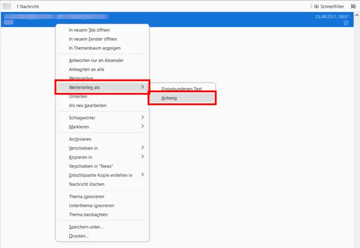 Thunderbird-Fenster Weiterleiten als Anhang