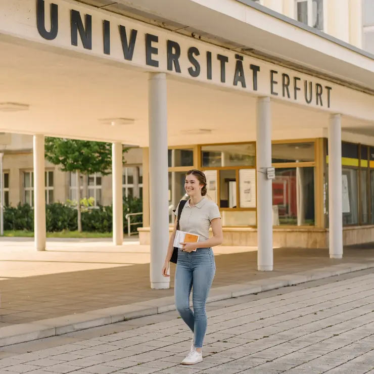 Studentin vor Haupteingang Uni Erfurt