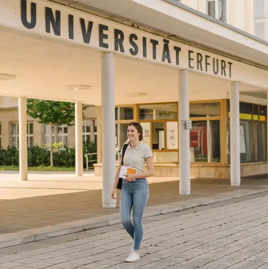 Studentin vor Haupteingang Uni Erfurt