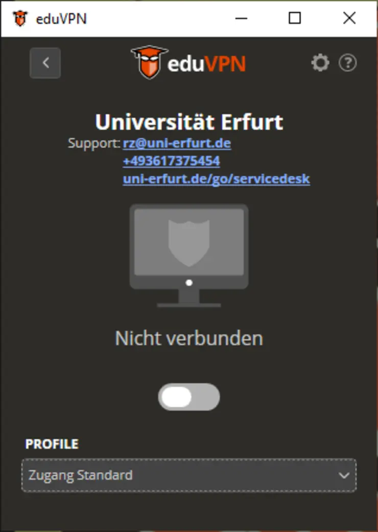 eduVPN-Client mit ausgewähltem Studentenprofil