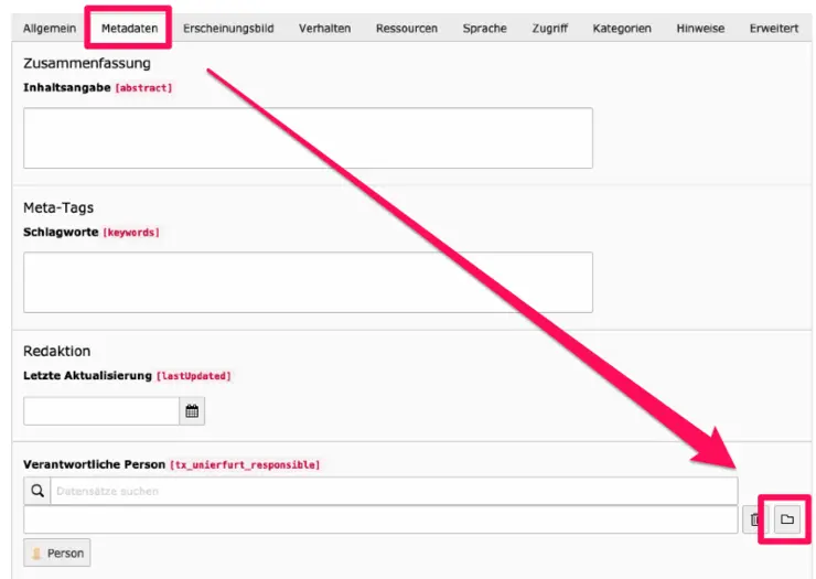 Darstellung Backend Seitenverantwortlicher in den Seiteneigenschaften