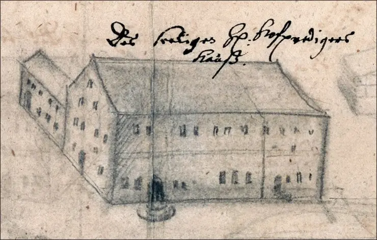 View of the building from the north-east around 1678. At that time, the east wing was still one storey lower. Shaded pencil drawing by Mathes and Jost Bieler.