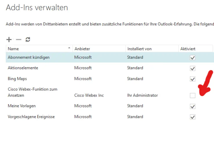 Webex Add-In in OWA aktivieren