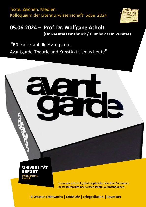 Plakat TZM zum Vortrag von Wolfgang Asholt zum Thema AvantgardeTheorie und KunstAktivismus