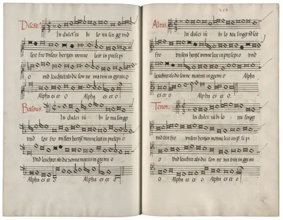 Das vierstimmig komponierte Lied „In dulci jubilo“ im Torgauer bzw. Gothaer Chorbuch, 1545.