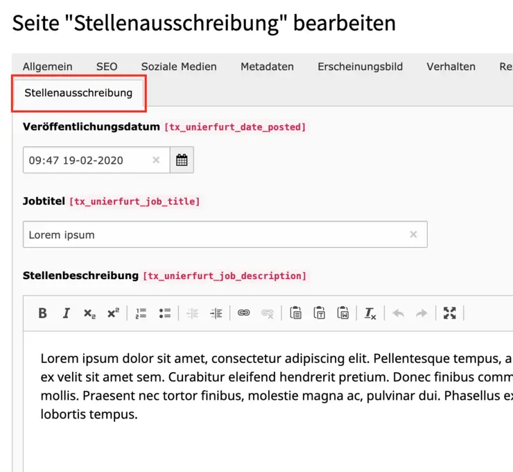 Stellenausschreibung Seiteneigenschaften