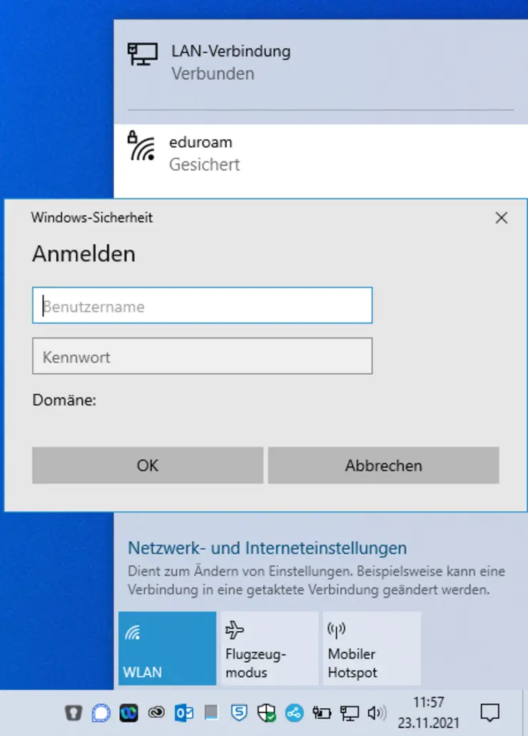 eduroam-Anmeldefenster