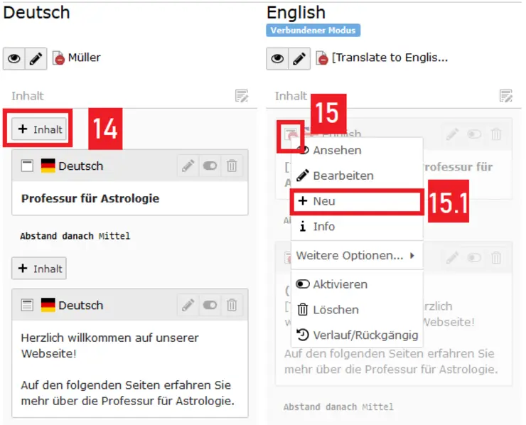 Nachträgliches Anlegen von Inhaltselementen