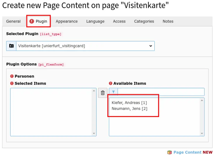 Visitenkarte-Plugin, Personenauswahl