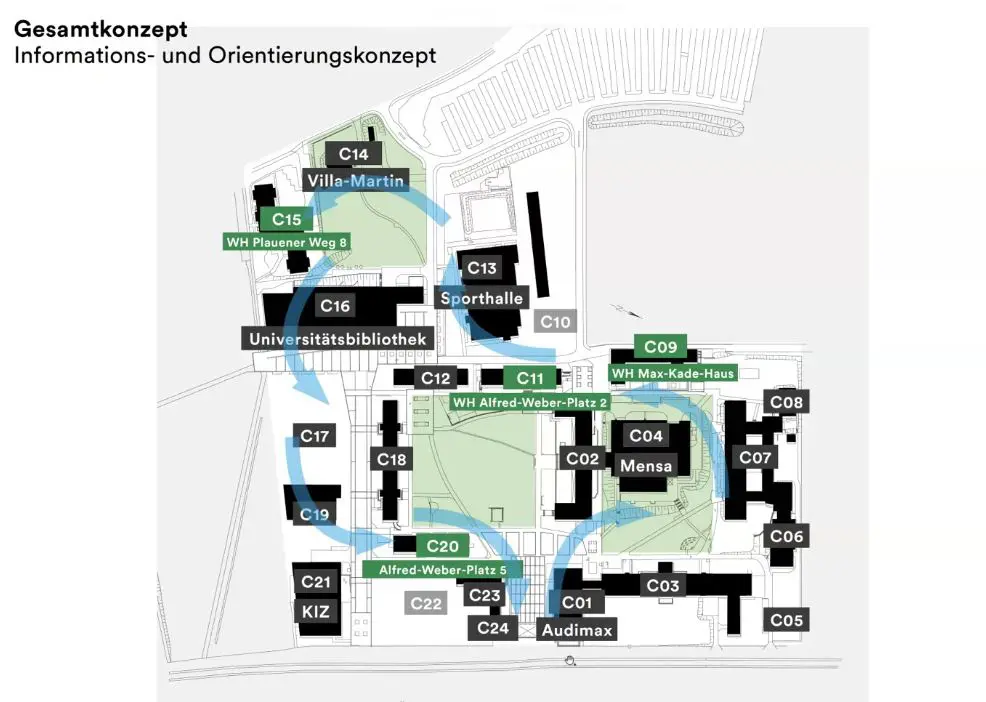 campus plan with numbering the buildings