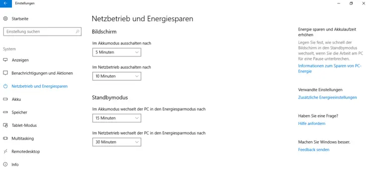 Netzbetrieb und Energiesparen bei Notebooks