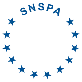 logo of the national school of political and administrative Studies, showing the abbreviation as part of a circle of stars reminiscent of the EU flag