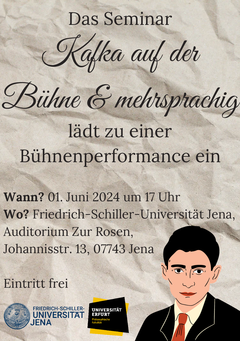 Plakat zur Performance Kafka auf der Bühne zum gleichnamigen Tschechisch Seminar 