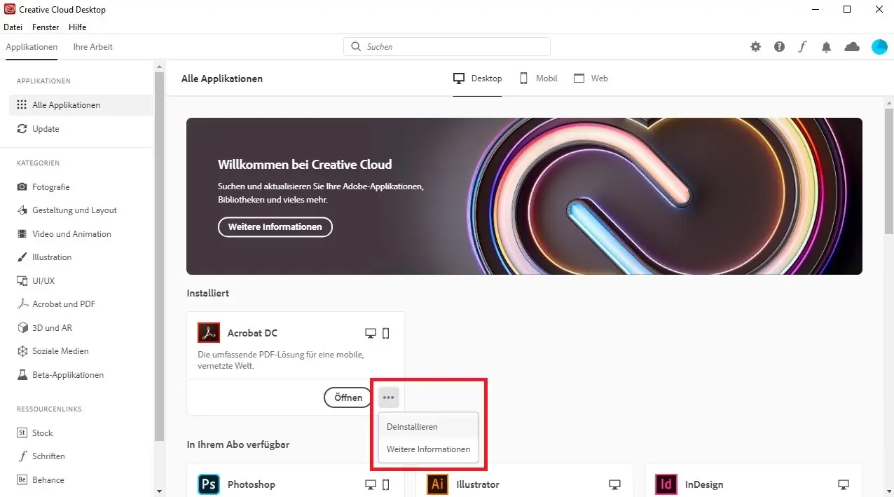Uninstalling an application in the Adobe Creative Cloud app