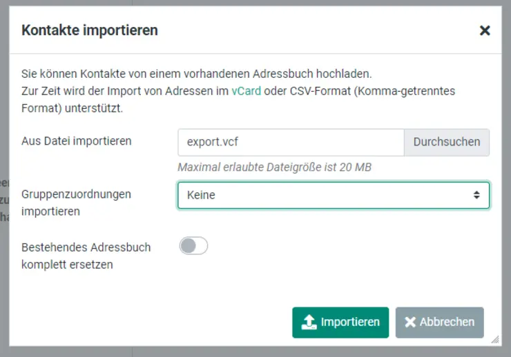 Kontakt im Webmail importieren