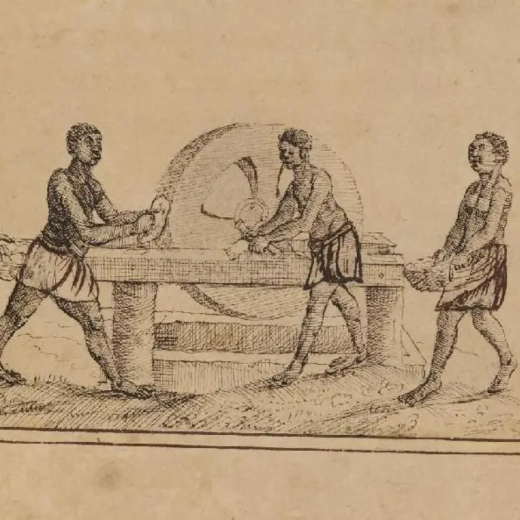 Sklaven bearbeiten Maniok, Federzeichnung