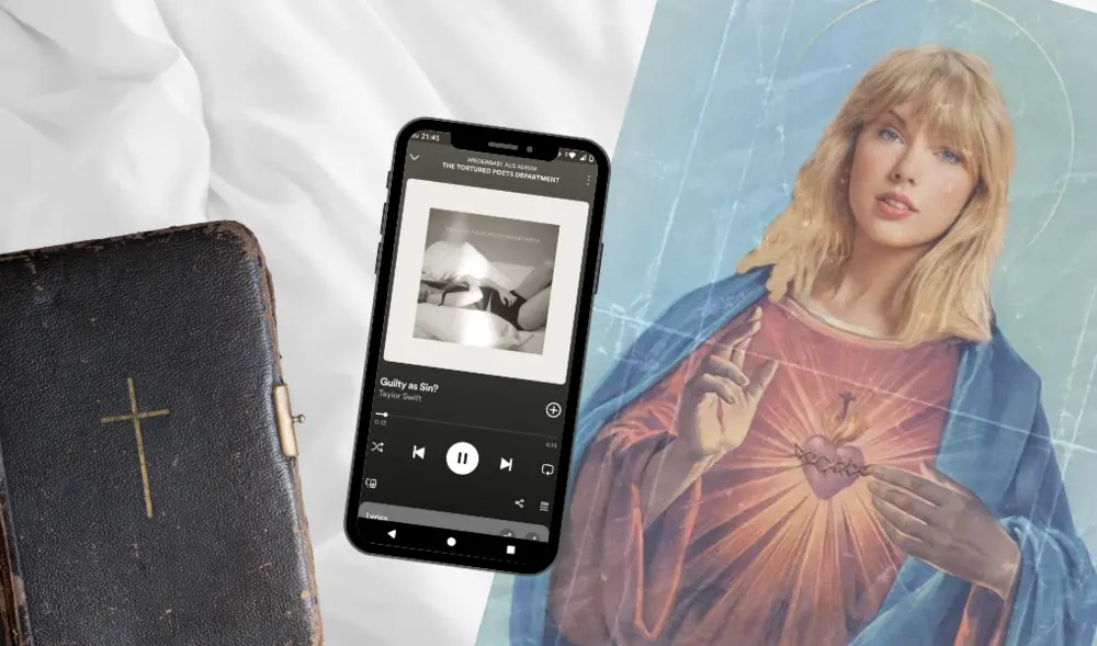 A poster of Taylor Swift as Jesus, a Bible and a smartphone playing the song “Guilty as Sin” lie on an unmade bed. 