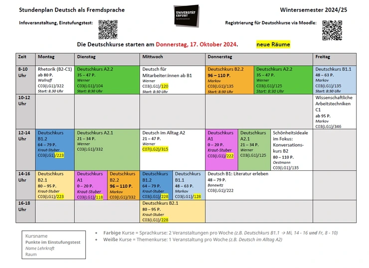 Hier sehen Sie den Stundenplan vom Wintersemester 2024/2025.