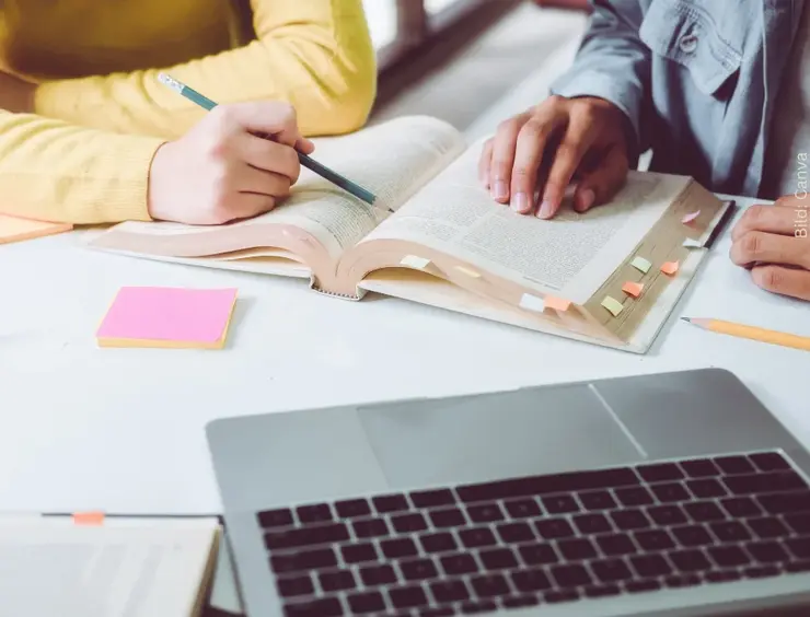 Two people read and study together