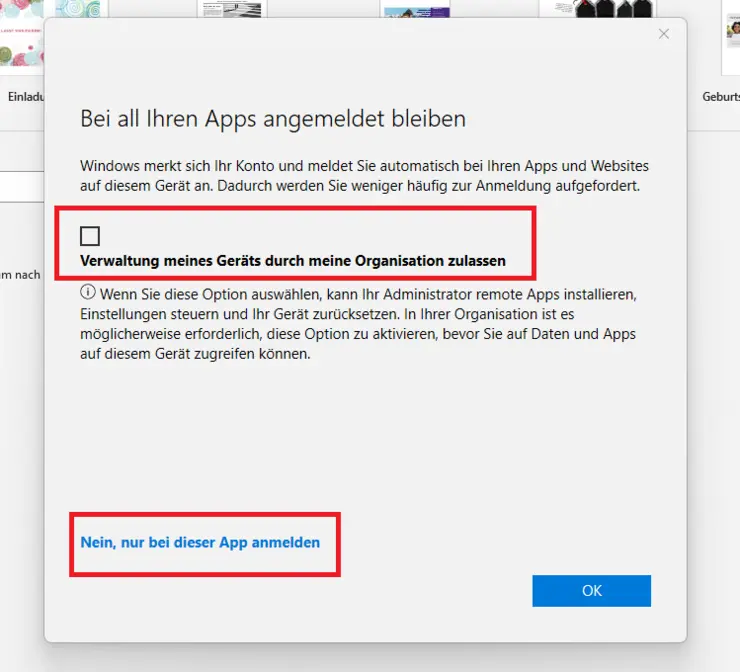 Abfrage zur Verwendung des M365-Accouts als Geschäftskonto in Windows und Registrierung des Geräts bei der Organisation