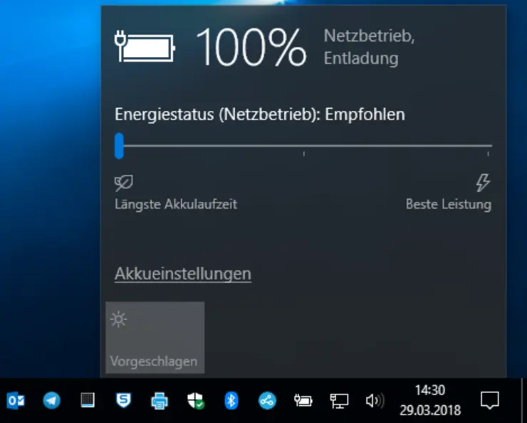 Schieberegler Energieeinstellungen beim Notebook