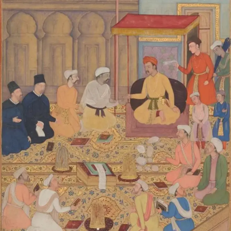 Miniature with various figures in conversation, differentiated by their clothing