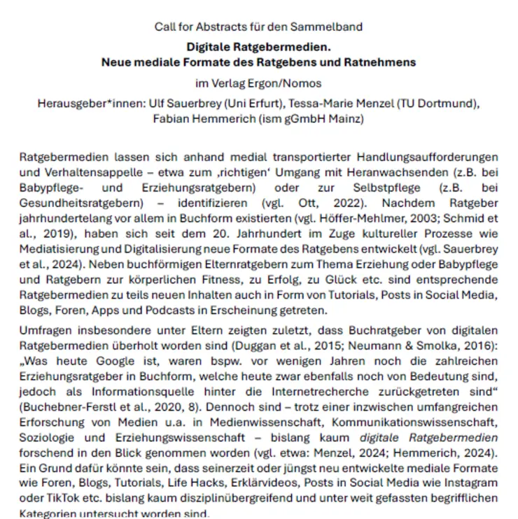 Ein Ausschnitt aus dem Call for Abstracts zum geplanten Sammelband mit dem Arbeitstitel 'Digitale Ratgebermedien'